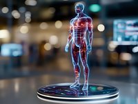 Glowing anatomical male figure showing muscle structure and skeletal system on display platform with bokeh background. Medical education concept.