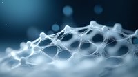 Microscopic network structure with glowing nodes connected by delicate white strands against dark blue background, representing neural or molecular connections.