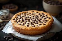 Homemade chocolate chip cookie cake on parchment paper with coffee beans scattered around, perfect for bakery menus and dessert advertising campaigns.