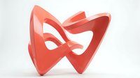 Modern abstract coral red geometric sculpture with flowing curved forms and hollow spaces on white background for contemporary design projects.