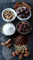 Raw vegan dessert ingredients on dark slate background: dates, nuts, cocoa powder, chia seeds, cinnamon sticks. Natural healthy sweets preparation setup.