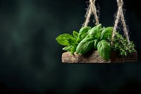 Fresh basil and herbs on rustic wooden swing against dark background, dramatic food photography style with natural lighting and copy space for text.
