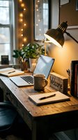 Cozy home office workspace with rustic wooden desk, glowing lamp, laptop, coffee mug, notebook, and fairy lights creating warm ambiance.