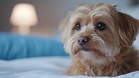 Adorable Yorkshire terrier mix puppy resting on blue bedding with soft lamp light in background, looking at camera with expressive eyes and sweet expression.