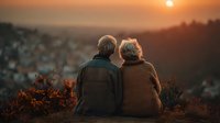 Senior couple sitting together watching sunset over mountain landscape during golden hour romantic moment.
