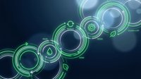 Glowing neon green and blue circular gears and cogs connected in a diagonal line against dark background, representing technology, innovation, and digital connectivity for web design and tech presentations.