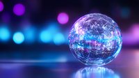 Glowing digital sphere with network connections floating over reflective surface against blurred purple and blue bokeh background for technology concept.