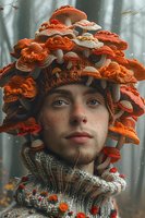Surreal portrait featuring a unique mushroom crown headpiece in vibrant orange and cream colors, paired with a knitted wool scarf for fantasy or fashion editorial use.