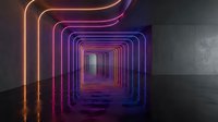 Futuristic neon tunnel with glowing purple and orange light frames creating perspective depth in dark modern interior space for technology concepts.