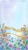 Watercolor floral frame with gold ribbon banner, pastel roses, berries, and leaves, soft blue background for wedding or greeting card.