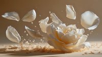 White porcelain cup shattering into fragments with flying pieces and splashing liquid creating dynamic motion against neutral background.