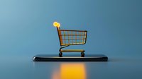 Shopping cart on smartphone screen with glowing light effect, minimal composition on blue background showing modern mobile commerce concept.