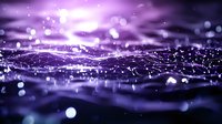 Abstract purple digital wave landscape with glowing particles and bokeh effects creating futuristic technological network visualization. Suitable for tech backgrounds.
