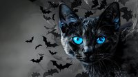 Black cat with glowing blue eyes against dark background with flying bats, smoke effects and mystical Halloween atmosphere for seasonal designs and holiday cards.