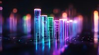 Glowing neon skyscrapers with vibrant blue, green and purple lights reflecting on wet surface against blurred bokeh city background at night.