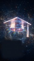 Futuristic holographic graduation cap floating in cosmic space with glowing neon lights and stars for education technology concepts.