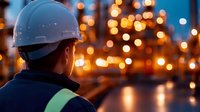 Industrial worker in safety helmet observing illuminated construction site at dusk with warm bokeh lights creating atmospheric workplace scene.