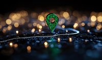 Glowing green location pin marker on dark surface with bokeh lights and curved path, digital navigation concept for mobile apps and location services.
