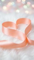 Soft peach satin ribbon shaped into a heart on white fluffy fur with bokeh lights, romantic Valentine's Day and wedding concept.
