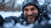 Happy bearded man in winter hat laughing joyfully during heavy snowfall outdoors. Winter adventure and positive emotions concept for lifestyle content.