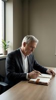 Senior businessman with gray hair and Caucasian ethnicity writing in notebook at wooden desk in modern office with natural light from window.
