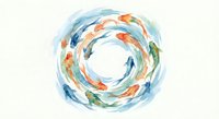 Colorful koi fish swimming in circular formation creating dynamic swirl pattern on white background isolated for design projects and decorative applications.