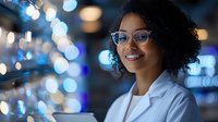 Young African American female medical professional wearing glasses and white coat smiles confidently against blurred bokeh lights background, representing healthcare and success.