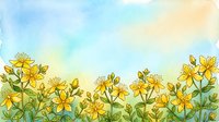 Watercolor meadow with bright yellow wildflowers and green leaves against a soft blue and golden sky, perfect for nature-themed cards and prints.