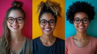 Diverse young women with glasses smiling against colorful backgrounds, showcasing different natural hairstyles and joyful expressions.