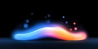 Glowing abstract wave form with gradient colors from blue to orange on black background, floating light particles create dynamic motion effect.