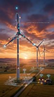 Wind turbines with glowing digital network connections over rural fields at sunset, symbolizing smart green energy and sustainable technology innovation.