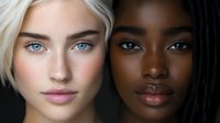 Close-up portrait of two diverse women with contrasting features - blonde hair and blue eyes alongside dark skin and brown eyes, showcasing natural beauty and inclusivity.