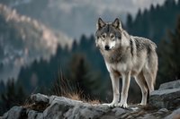 Gray wolf standing on rocky outcrop in mountain wilderness with forest background for wildlife and nature photography projects.