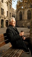 Senior Caucasian man enjoying coffee on bench in historic European city square during golden hour autumn morning with medieval architecture background.