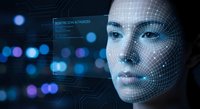 Futuristic biometric face recognition technology with digital grid overlay and glowing interface elements on dark background for security applications.