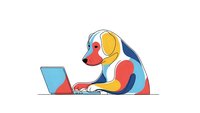Colorful cartoon dog character working on laptop computer at desk. Modern flat design mascot for business, technology, remote work applications.