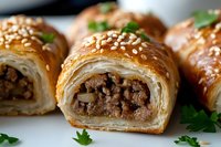 Flaky puff pastry rolls filled with seasoned ground meat and onions, topped with sesame seeds and fresh herbs, showcasing layered texture and golden crust.