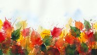 Vibrant autumn leaves in watercolor style with splashes and splatters creating artistic border on white background for seasonal designs and fall decorations.