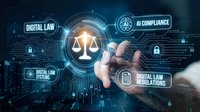 Digital law concept with businessman hand touching holographic justice scales surrounded by AI compliance and legal technology interface elements.