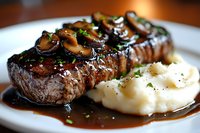Juicy grilled steak topped with sauteed mushrooms and rich brown sauce, served alongside creamy mashed potatoes garnished with fresh herbs on white plate.