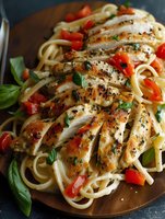 Grilled chicken breast sliced over creamy pasta with red peppers and fresh basil herbs on wooden board for healthy dinner meal preparation.