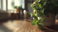 Fresh mint plant in rustic pot on wooden table with soft natural light, creating warm atmosphere for culinary or wellness concepts.