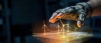Robotic hand touching holographic renewable energy display with wind turbines and solar panels representing sustainable technology and green power solutions.
