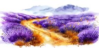 Watercolor landscape with winding dirt path through blooming lavender fields, purple mountains in background and golden sunset light creating atmospheric scene.