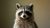 Adorable raccoon portrait with distinctive facial markings and alert expression against soft blurred background for wildlife and nature projects.