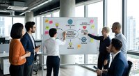Business team collaborating on strategic planning with whiteboard presentation in modern office conference room during corporate meeting.