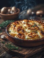 Hot potato gratin with herbs steaming in cast iron skillet on rustic wooden table with fresh ingredients for comfort food cooking and homestyle dining.
