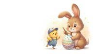Adorable cartoon bunny rabbit and chick celebrating Easter with decorated egg on white background, isolated for design use in greeting cards and crafts.