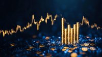 Stacked golden coins against dark background with financial chart trend line, symbolizing investment growth and market analysis in cryptocurrency trading.