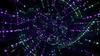 Digital network visualization with glowing purple and green data connections radiating from center on black background for technology presentations.